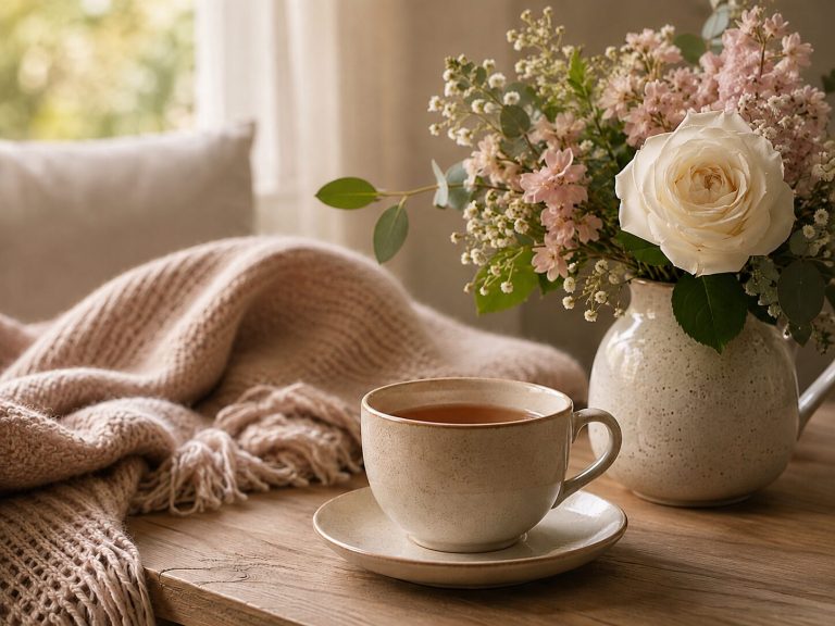 A cup of tea and a vase of flowers on a table by a sunlit window