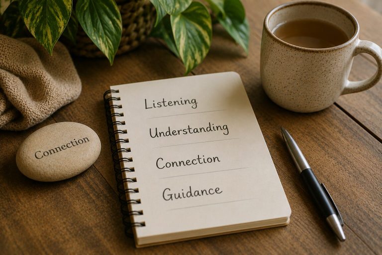 A notebook listing the words listening, understanding, connection and guidance beside a cup of tea